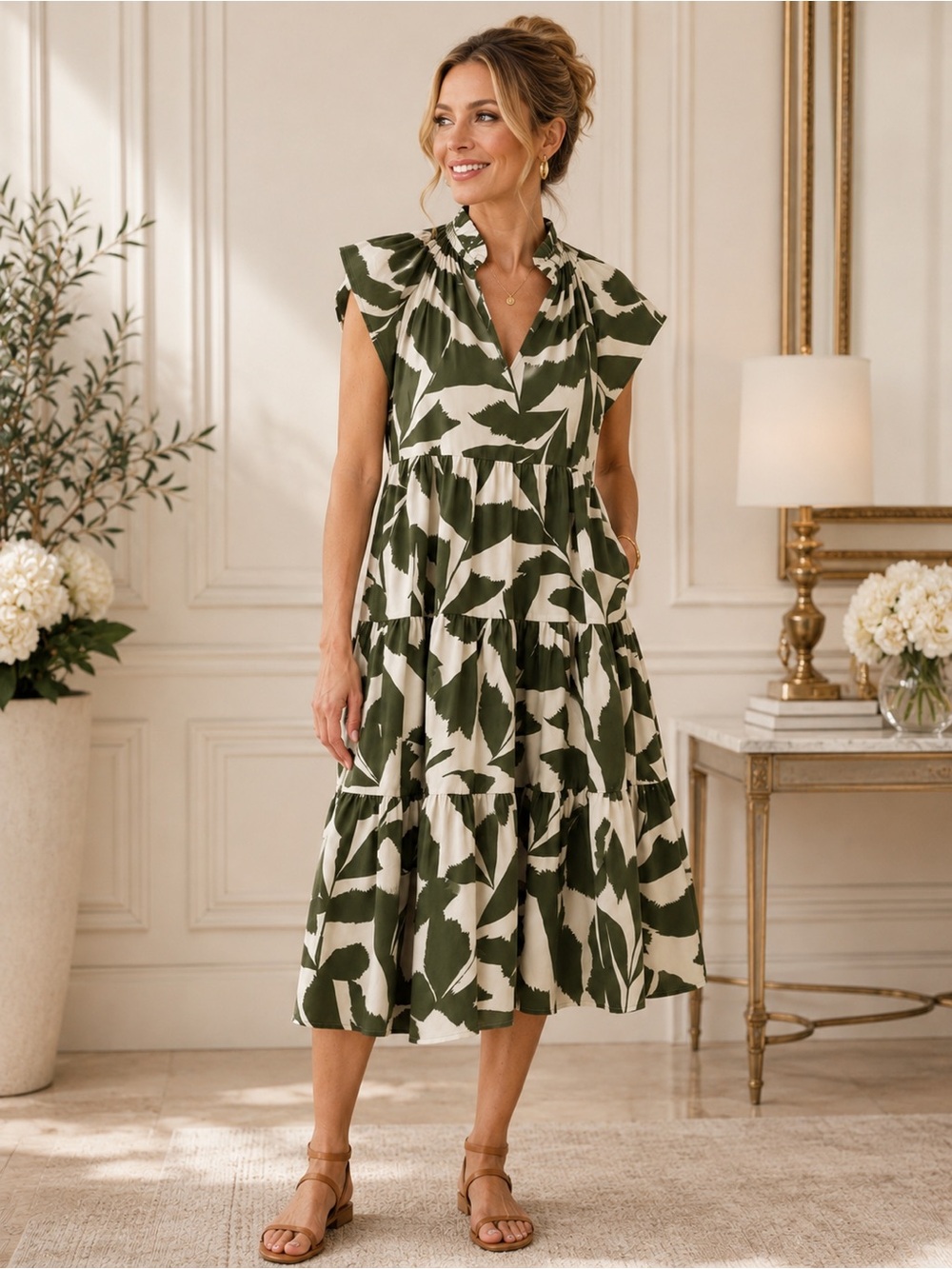 CROSBY by Mollie Burch Olive & White Leaf-Print Tiered Midi Dress – Size Small - Picture 3 of 6